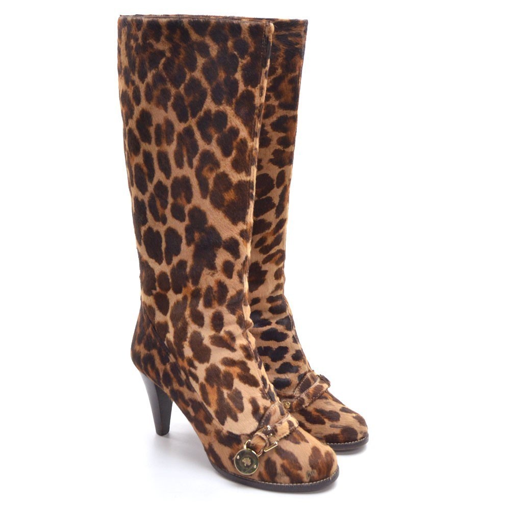 Mulberry Brown Leopard Calf Pony Hair Heel Knee Boot 38